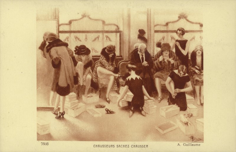 Mulheres, tentando, sapatos, em, um, loja sapata de Albert Guillaume