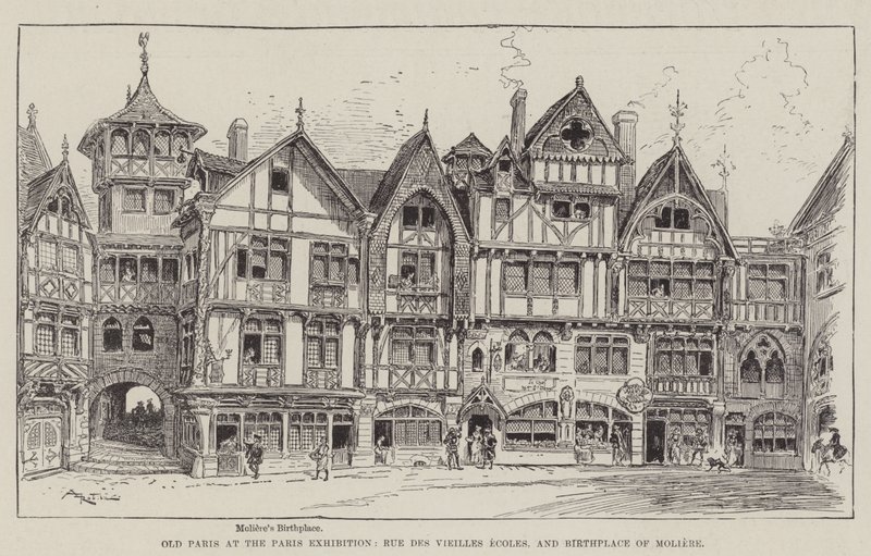 Paris antiga na exposição de Paris, Rue des Vieilles Ecoles, e berço de Moliere de Albert Robida