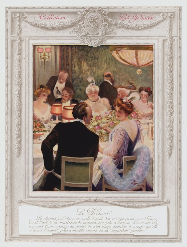 Belle Epoque Paris, senhora da moda a jantar (cor litho) de Albert Guillaume