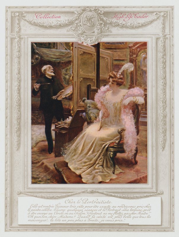 Belle Epoque Paris, senhora da moda tendo o seu retrato pintado (cor litho) de Albert Guillaume