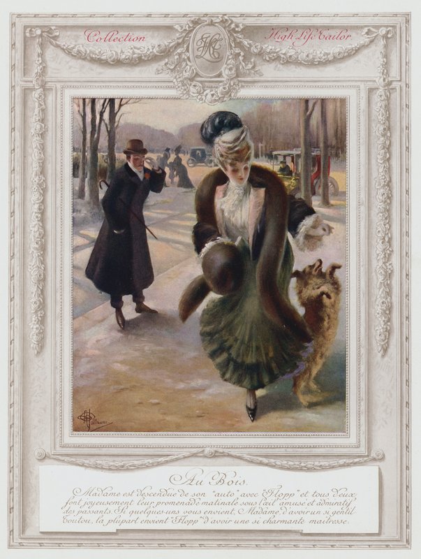 Belle Epoque Paris, senhora da moda no Bois de Boulogne (cor litho) de Albert Guillaume