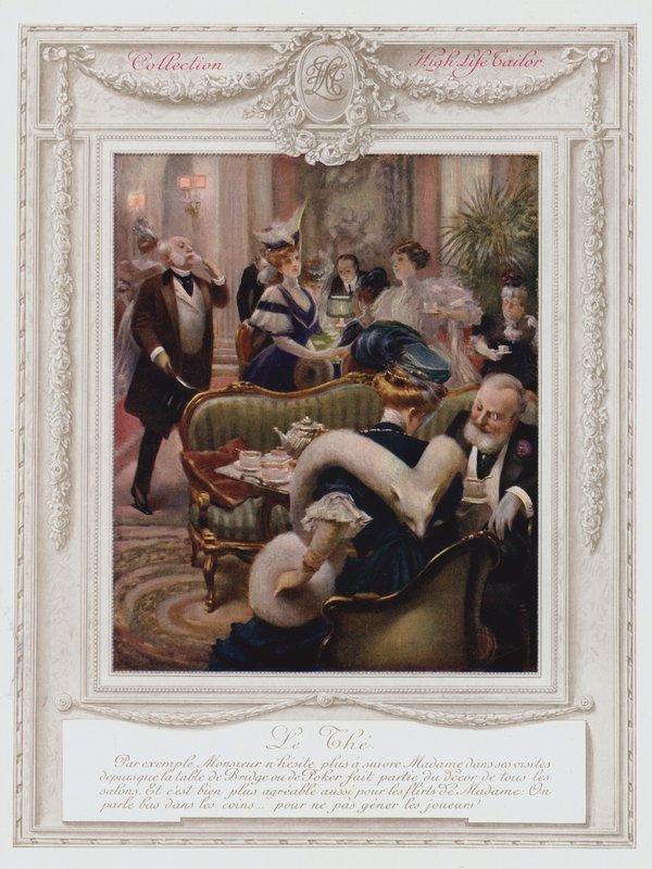 Belle Epoque Paris, senhora da moda a tomar chá (cor litho) de Albert Guillaume