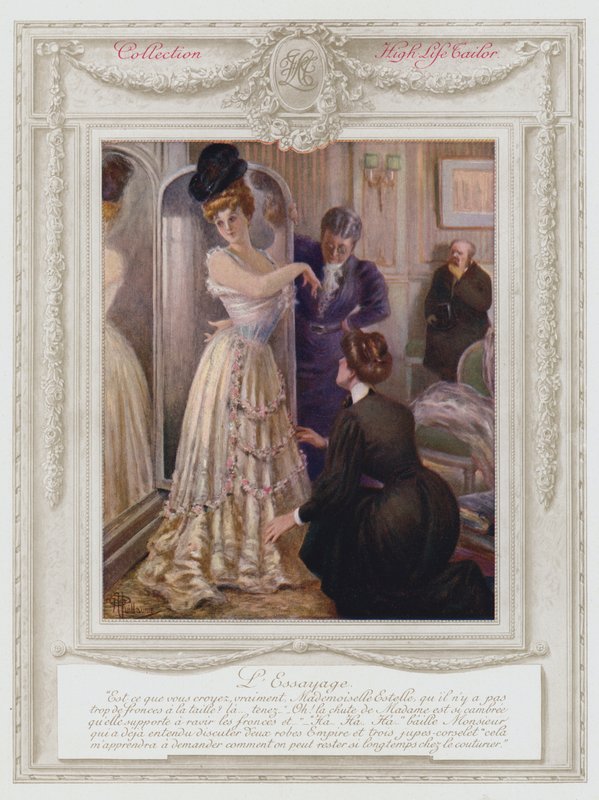 Belle Epoque Paris, senhora da moda, experimentando um vestido (cor litho) de Albert Guillaume