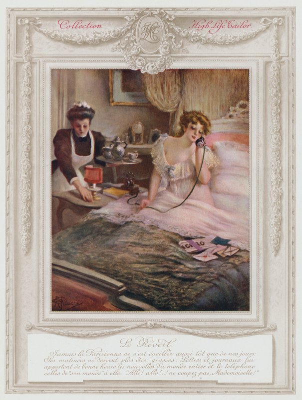 Belle Epoque Paris, senhora da moda a acordar (cor litho) de Albert Guillaume