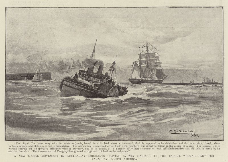 Um novo movimento social na Austrália, emigrantes saindo do porto de Sydney no Barque Royal Tar para o Paraguai, América do Sul de Albert Henry Fullwood