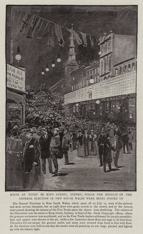 Cena à noite em King Street, Sydney, enquanto os resultados das eleições gerais em New South Wales estavam sendo postados de Albert Henry Fullwood