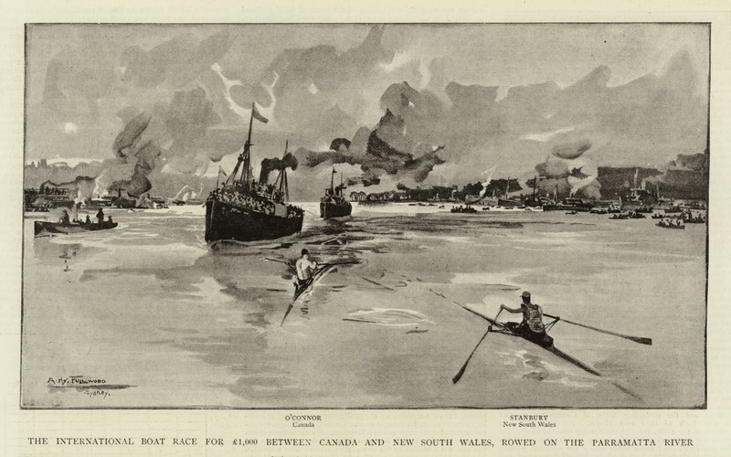 A International Boat Race por £ 1,000 entre o Canadá e New South Wales, remada no rio Parramatta de Albert Henry Fullwood