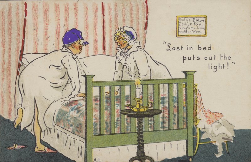 "O último na cama apaga a luz!" (cor litho) de Albert Jnr. Ludovici