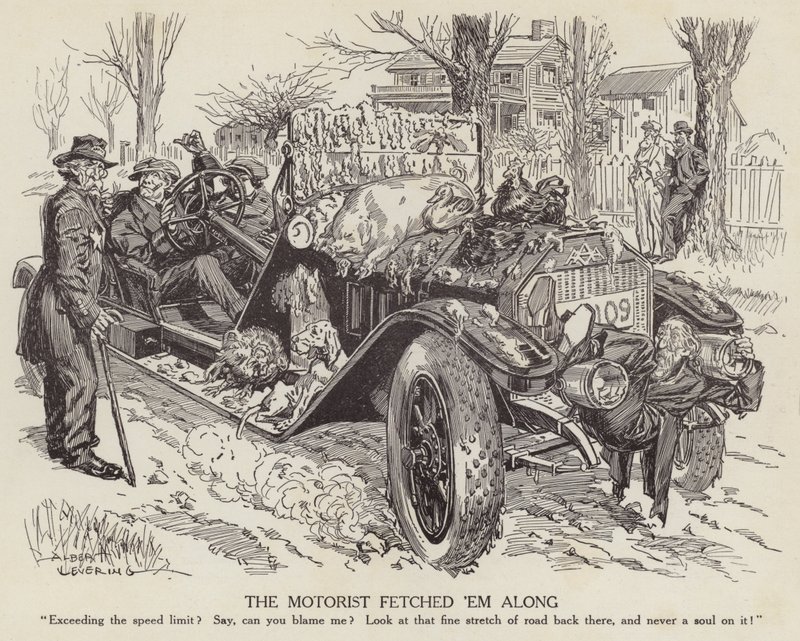 Desenho animado a gozar com um homem que conduz o seu carro acima do limite de velocidade (litho) de Albert Levering