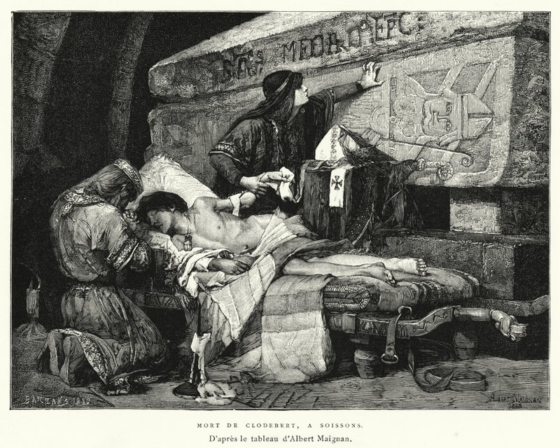 Morte de Clodebert, em Soissons (gravura) de Albert Pierre René (after) Maignan