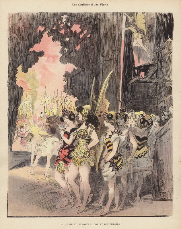 Backstage durante uma produção do Ballet des Insectes no Theatre du Chatelet, Paris (cor litho) de Albert Robida