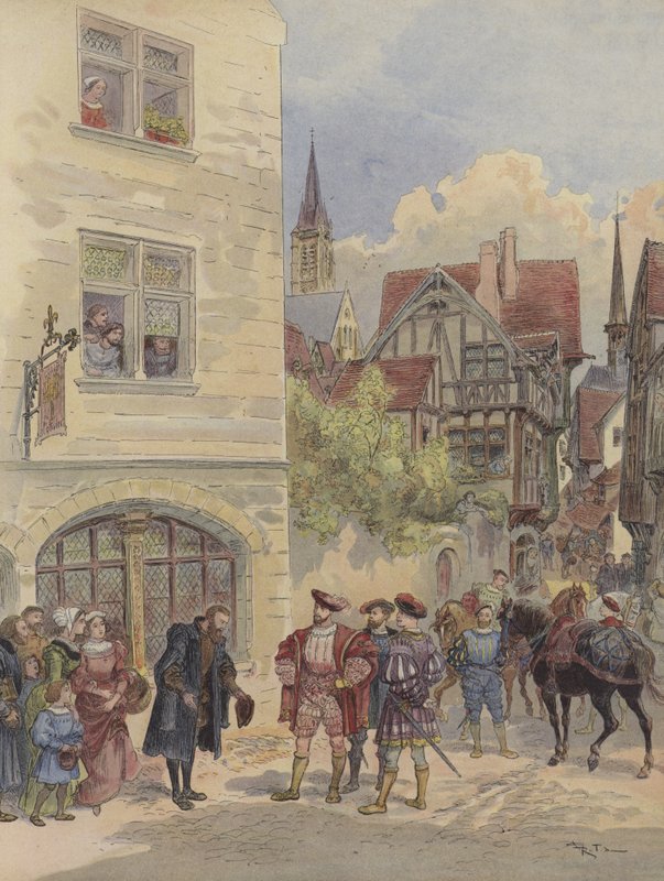 François Ier é recebido por Estienne, na porta de sua gráfica, no endereço de l&39;Olivier, rue Saint-Jean-de-Beauvais, em Paris de Albert Robida