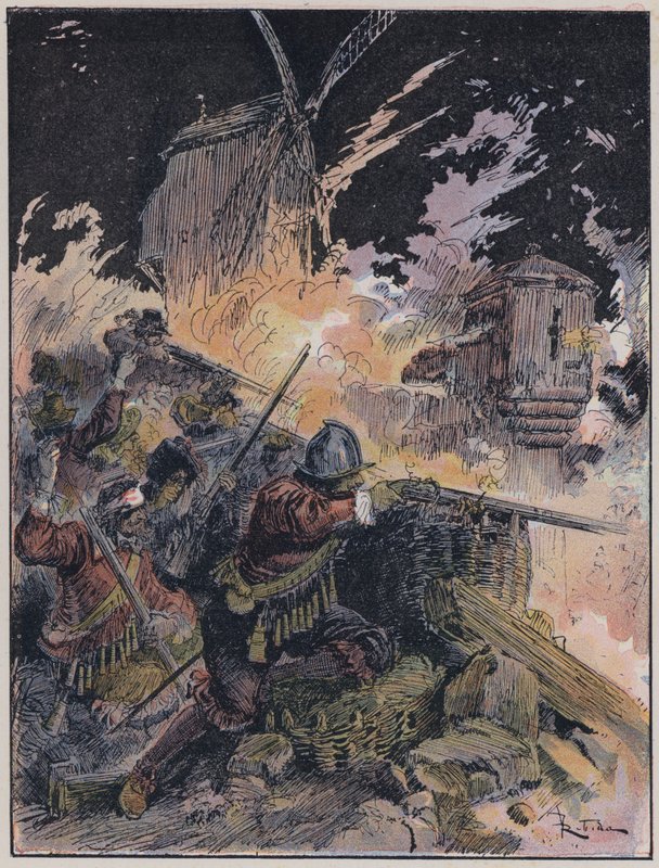 Ilustração para Le Capitaine Bellormeau por e ilustrada por A Robida (cor litho) de Albert Robida