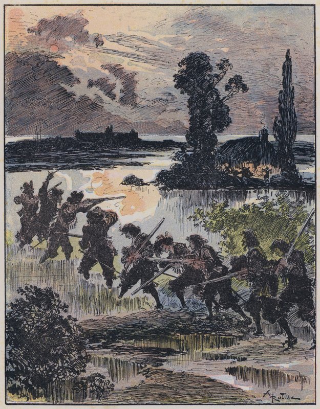 Ilustração para Le Capitaine Bellormeau por e ilustrada por A Robida (cor litho) de Albert Robida
