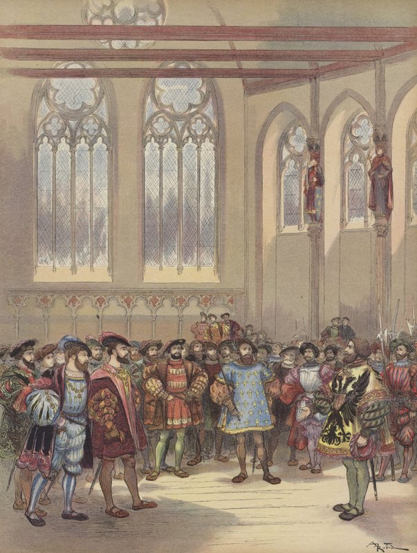 O Borgonha Herald, enviado por Carlos V, é recebido por François I no Grande Salão do Parlamento de Albert Robida