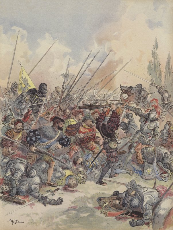 O rei em Pavia, cai do cavalo, ferido, luta contra a multidão de assaltantes que o rodeia (cor litho) de Albert Robida
