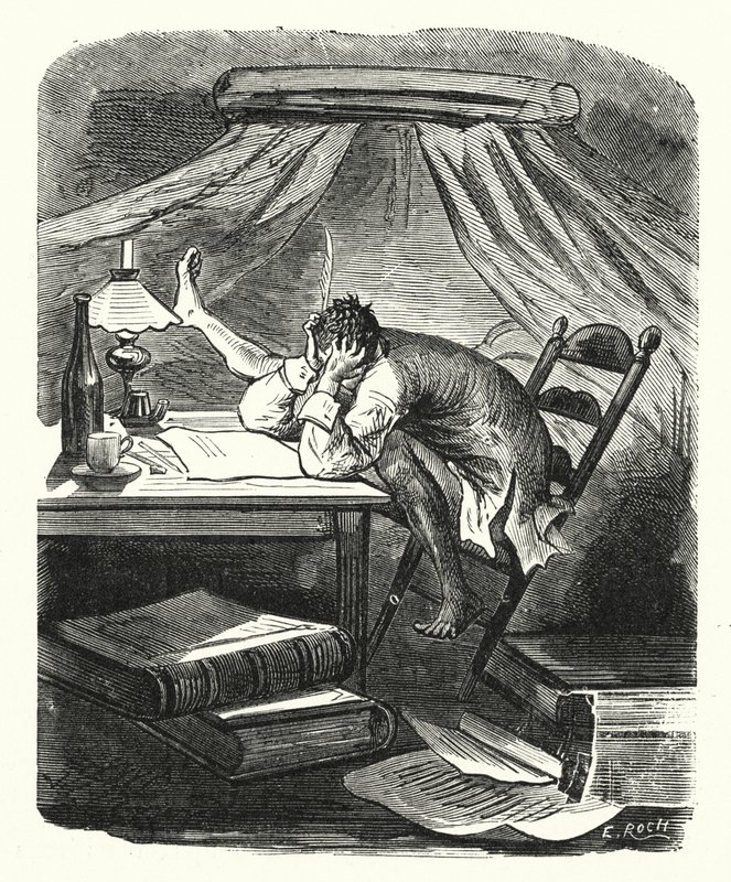 Homem a ler numa mesa (gravura) de Albert Robida