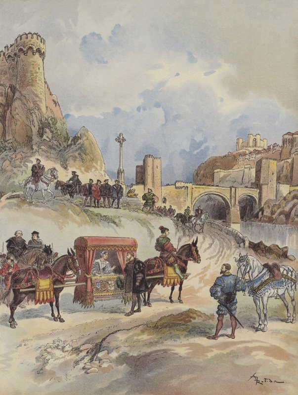 Marguerite de France vai visitar seu irmão, é recebido na Ponte de Toledo por Carlos V de Albert Robida