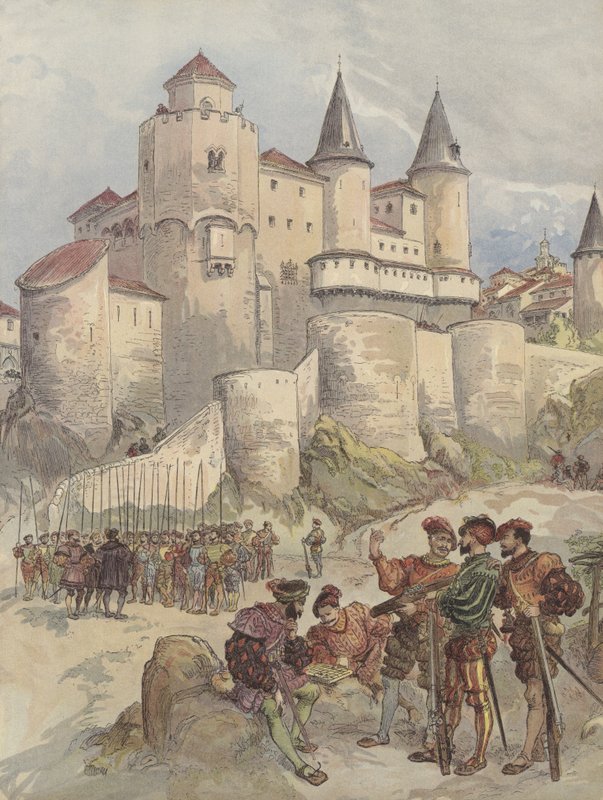 Prisioneiro, François I está trancado em uma torre de Alcazar em Madrid de Albert Robida
