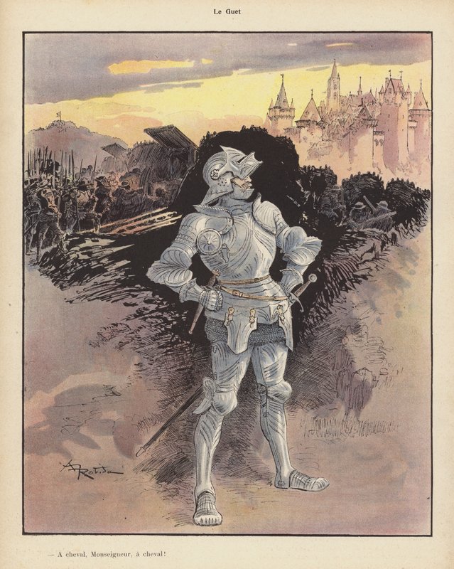 O relógio; soldado de armadura a vigiar o cerco de uma cidade (cor litho) de Albert Robida