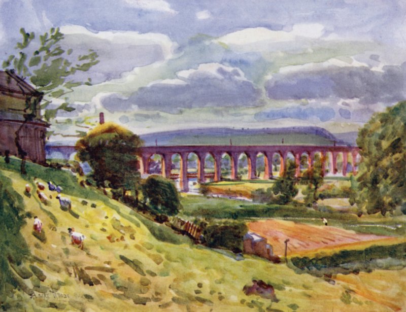 Whalley, o Viaduto (cor litho) de Albert Woods