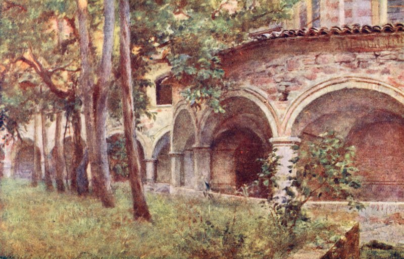 Claustro de S. Francisco, Assis (litografia a cores) de Alberto Pisa