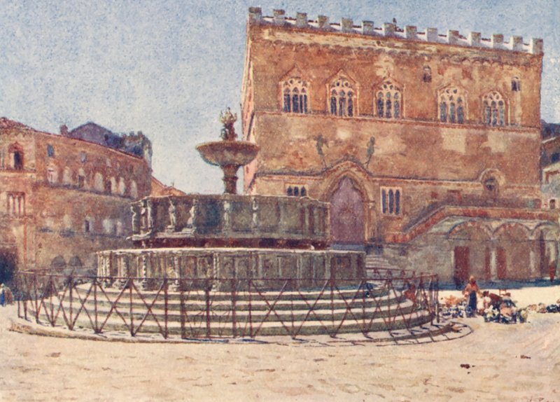 Piazza S Lorenzo, Perugia (litografia a cores) de Alberto Pisa
