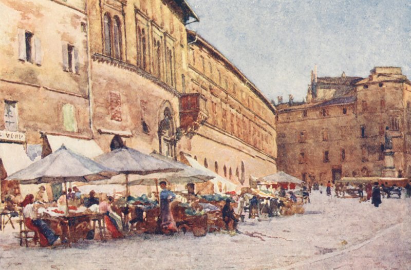 Praça do Mercado, Perugia (litografia a cores) de Alberto Pisa