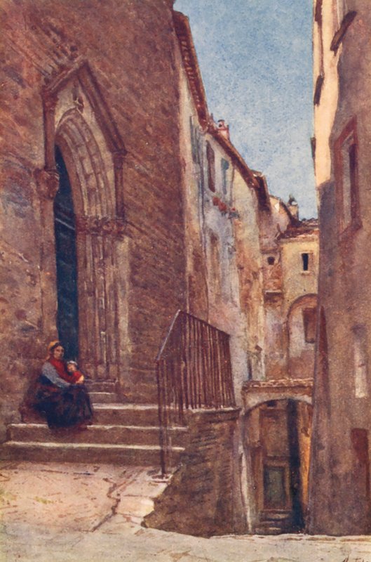 Vicolo S Agnese, Perugia (litografia a cores) de Alberto Pisa