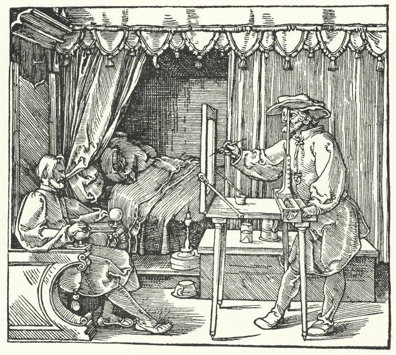 Método de produção de uma imagem em escala através da marcação dos contornos do objecto sobre uma folha de vidro (gravura) de Albrecht (after) Durer or Duerer