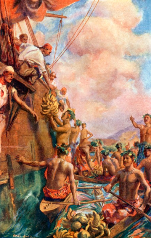 Chegada do Capitão Cook ao Tahiti (litografia a cores) de Alec Ball