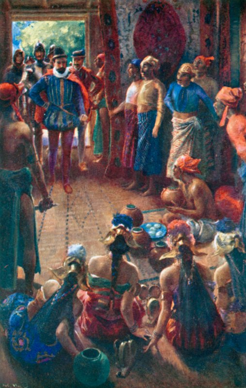 Visita de Magalhães ao rei de Sebu (litografia a cores) de Alec Ball