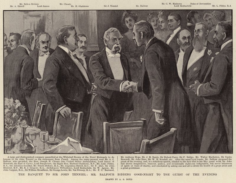 O banquete para Sir John Tenniel, o Sr. Balfour oferecendo boa-noite ao convidado da noite de Alexander Stuart Boyd