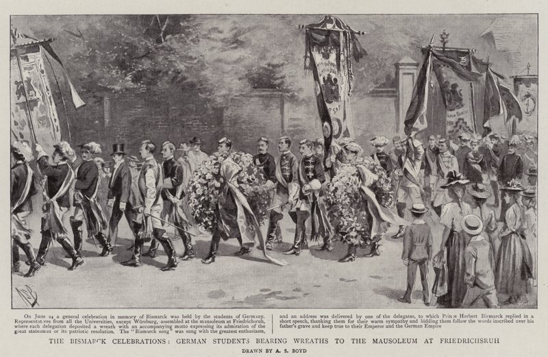 As celebrações de Bismarck, estudantes alemães levando grinaldas ao mausoléu em Friedrichsruh de Alexander Stuart Boyd
