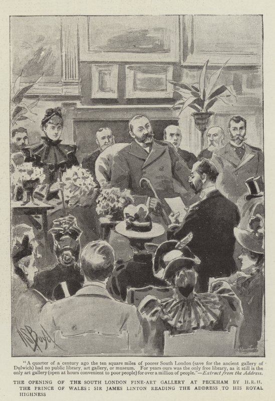 A inauguração da Galeria de Belas Artes do Sul de Londres, em Peckham, pelo Príncipe de Gales, Sir James Linton, lendo o discurso para Sua Alteza Real de Alexander Stuart Boyd