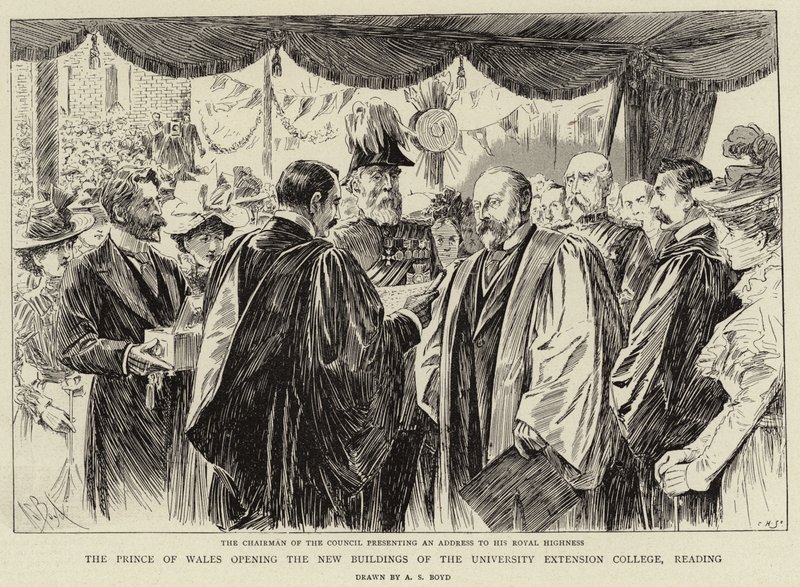O Príncipe de Gales, abrindo os Novos Edifícios da Faculdade de Extensão Universitária, lendo de Alexander Stuart Boyd