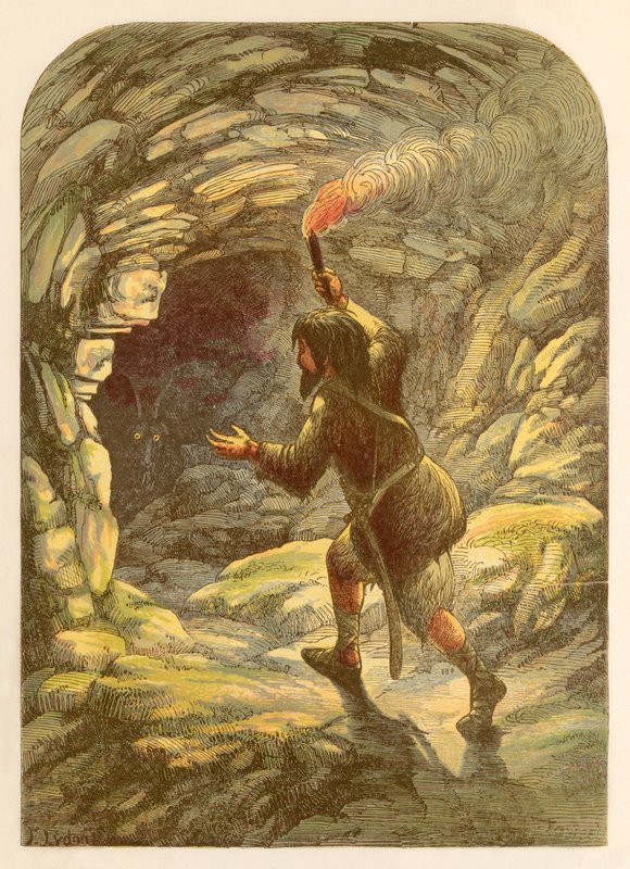 Robinson Crusoe assustado por uma cabra em uma caverna de Alexander Francis Lydon