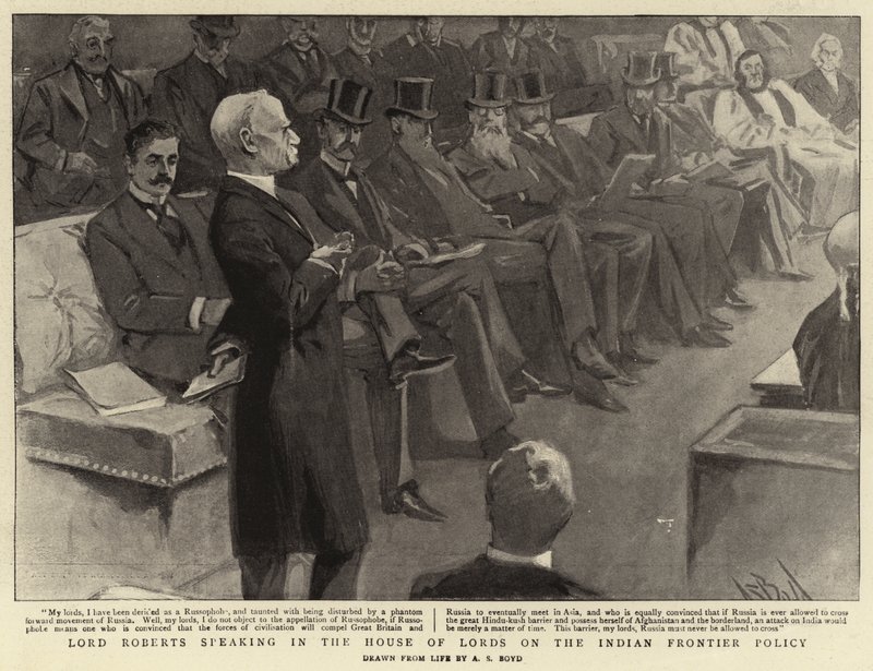 Lord Roberts falando na Câmara dos Lordes sobre a Política da Fronteira Indiana de Alexander Stuart Boyd