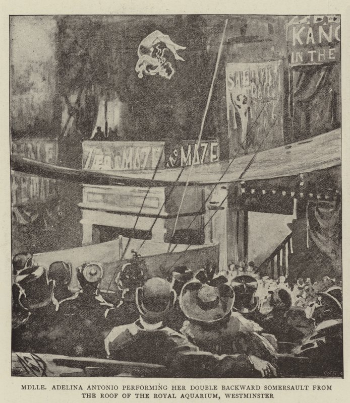 Mademoiselle Adelina Antonio executando sua cambalhota dupla para trás do telhado do Royal Aquarium, Westminster de Alexander Stuart Boyd