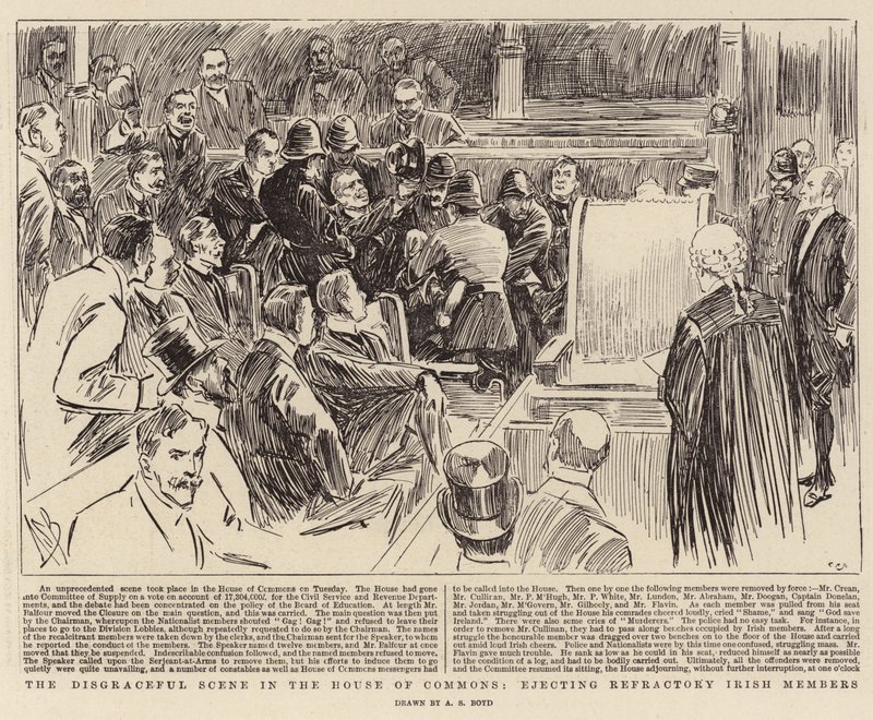 A cena vergonhosa na Câmara dos Comuns, ejetando membros irlandeses refratários de Alexander Stuart Boyd