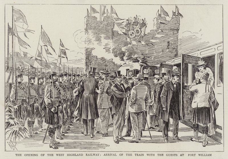 A abertura da West Highland Railway, chegada do trem com os convidados em Fort William de Alexander Stuart Boyd