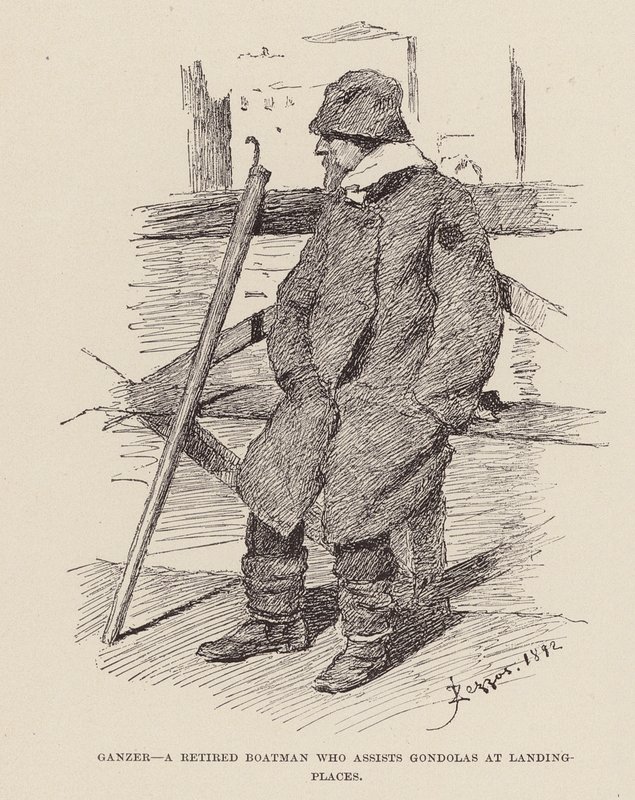 Ganzer, um barqueiro reformado que assiste as gôndolas nos locais de desembarque (gravura) de Alezzandro Zezzos