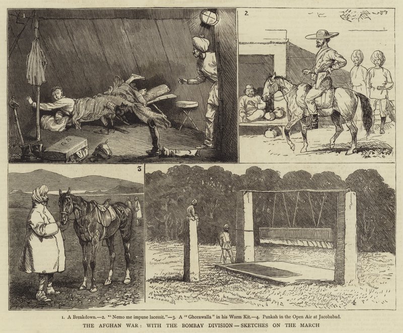 A Guerra do Afeganistão, com a Divisão de Bombaim, Sketches on the March de Alfred Chantrey Corbould