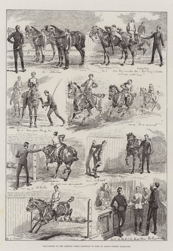 Voluntários do Corpo de Artistas aprendendo a andar em Albany-Street Barracks de Alfred Courbould