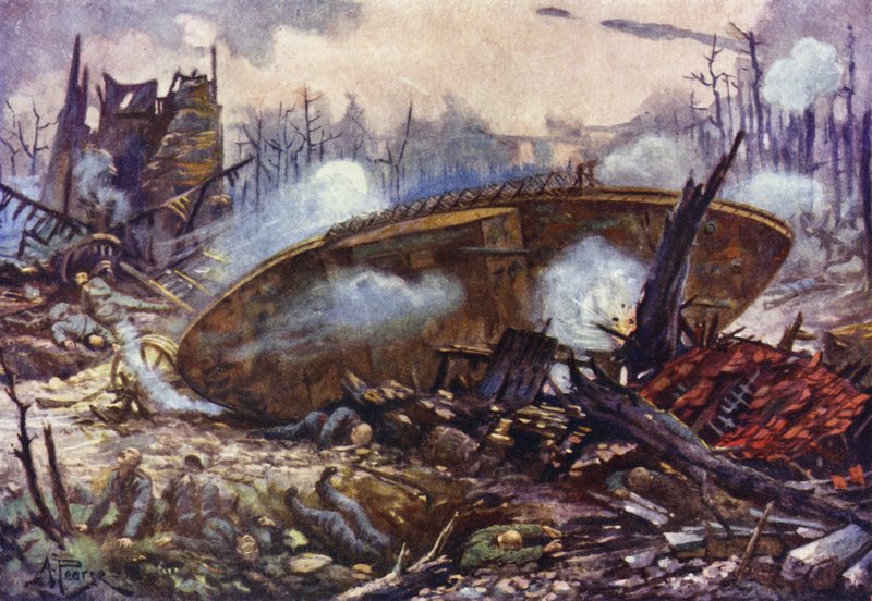 Capitão Arthur Inglis, do Regimento de Gloucester, trazendo seu tanque para a frente em terreno muito difícil após uma de suas rodas ter sido arrancada, Primeira Guerra Mundial de Alfred Pearse