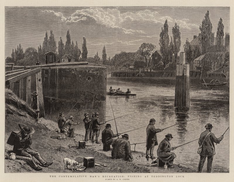 Recreação do homem contemplativo, pesca no fechamento de Teddington de Alfred W. Cooper