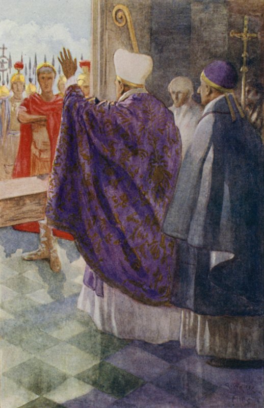 Santo Ambrósio impedindo que o imperador romano Teodósio entre na Catedral de Milão como castigo pelo massacre de Tessalônica em 390 de Alfred Wallis Mills