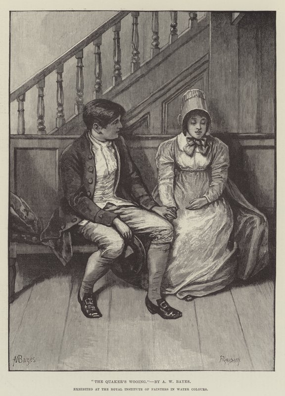 The Quaker Wooing, exibido no Instituto Real de Pintores em cores de água de Alfred Walter Bayes