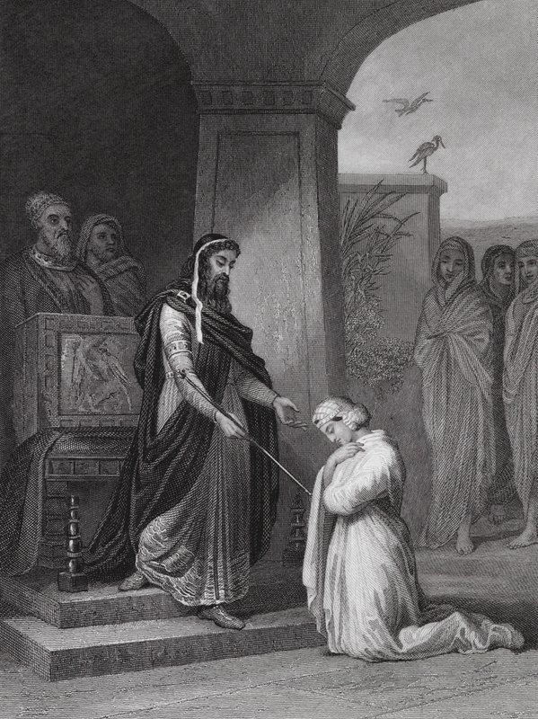 Ester perante o rei Assuero, Ester, cap. 15, v 11 (gravura) de Alfred (after) Johannot