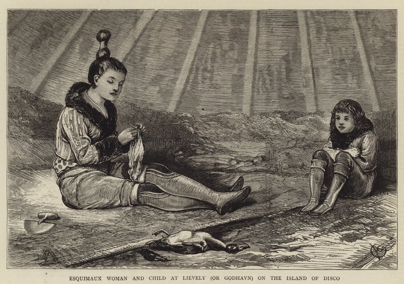 Mulher e criança de Esquimaux em Lievely (ou Godhavn) na ilha do disco de Alfred Chantrey Corbould